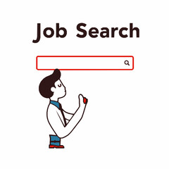 Cartoon Man Searching for Jobs Online with Search Bar and Magnifying Glass Keywords: job search, online, internet, search, bar, magnifying glass, man, cartoon, illustration