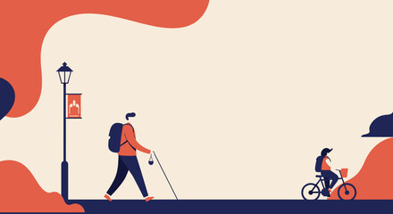 Two travelers, one walking and one cycling, explore a scenic path. Represents adventure, leisure, and active lifestyle.