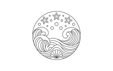 Minimalist Ocean Scene Line Art with Starfish, Waves, Seashell, and Bubbles in Circular Design Ideal for Coloring Books and Creative Projects