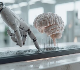 A robotic hand points at a 3D brain model