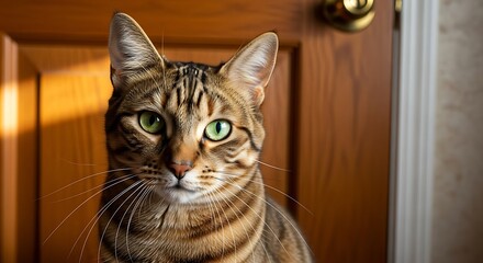 Obraz premium Close-up portrait of a captivating cat with striking emerald eyes, showcasing its beautiful tabby pattern against a warm, wooden backdrop.