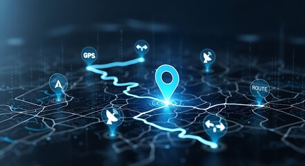 A digital representation of a navigation route overlaid on a detailed city map, highlighted with glowing blue elements.