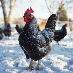 Rooster in snow, surrounded by other birds