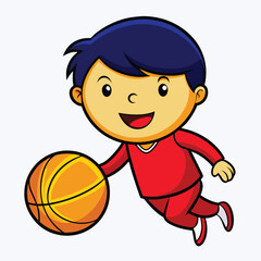 Cartoon boy happily dribbling basketball for fun, perfect for children's sports illustrations and educational resources, radiating joyful energy