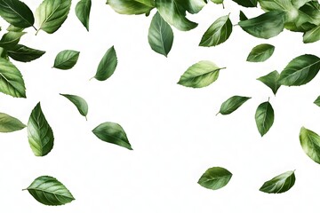 Naklejka premium Mint leaves floating in the air on a white background, in a flat lay composition. Isolated green mint leaves pattern.