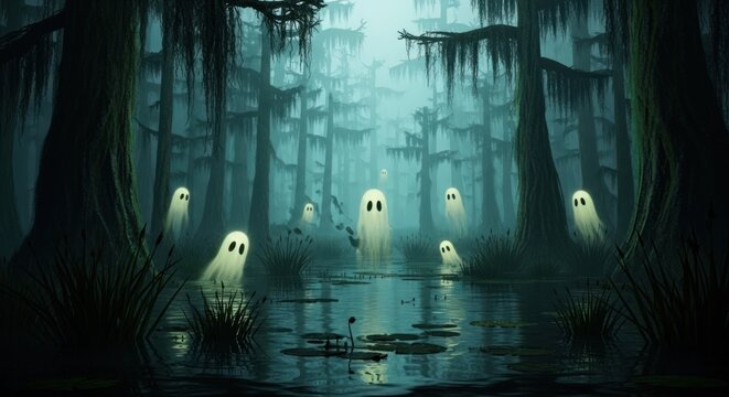 Eerie glowing ghosts haunt misty swamp forest with spectral apparitions - Powered by Adobe