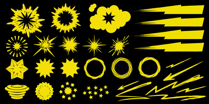 Collection of yellow comic book style explosions stars lightning bolts and abstract shapes on black background