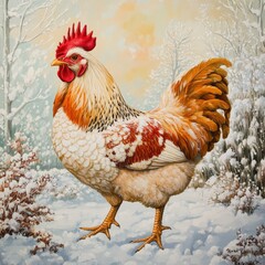 Rooster in winter scene, detailed illustration
