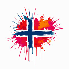 Norwegian flag in abstract paint splatters and drips on a white background Keywords: Norway, flag, Norwegian flag, abstract, art, paint, splatter, splash, drip, ink, grunge