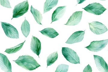 Mint leaves floating in the air on a white background, in a flat lay composition. Isolated green mint leaves pattern.