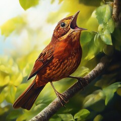 A vibrant, detailed illustration of a small, reddish-brown bird perched on a branch.  The bird's beak is open in a vocalization posture, and it's set against a background of lush foliage