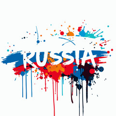 Obraz premium Russia Text with Russian Flag Colors and Paint Splatters on White Background Keywords: Russia, text, lettering, Russian flag, colors, red, blue, white, paint, splatter, splash