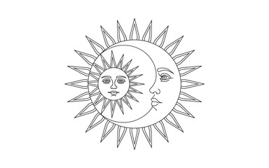 Sun and Moon Celestial Illustration: Mystical Lunar and Solar Symbolism Line Art Design for Coloring Pages and Esoteric Spiritual Concepts, Isolated on White Background
