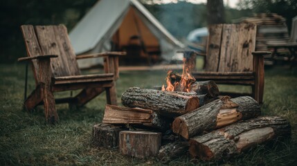 Cozy Campfire Evening by a Tent with Surrounding Chairs Perfect for RelaxationFocused Projects.