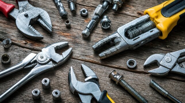 Detailed Closeup of a WellStocked Tool Collection on a Rustic Wooden Table Ideal for DIY Tutorials and Home Improvement Projects, Evoking Creativity and Practicality.