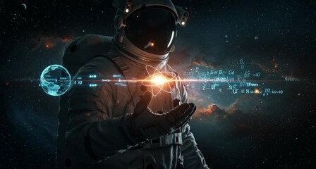 Astronaut exploring space environment with scientific symbols and glowing effects
