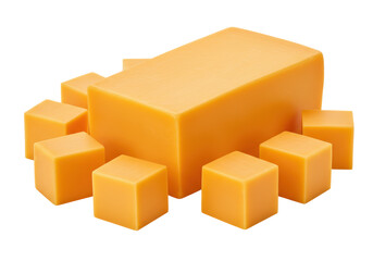 Isolated cheddar cheese chunks and block make a savory snack or ingredient for a sandwich