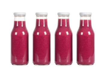 Isolated assorted berry fruit smoothies in glass bottles, healthy eating and lifestyle