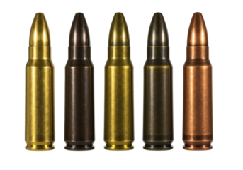 Isolated close-up of a collection of ammunition rounds, various colors, with no persons present