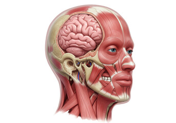 Isolated human head anatomy artwork with brain, skeleton, and muscles on display