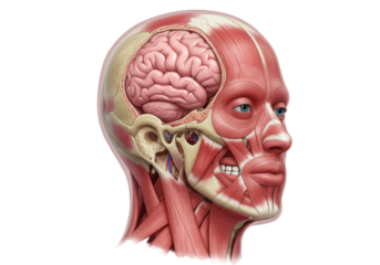 Isolated human head anatomy artwork with brain, skeleton, and muscles on display