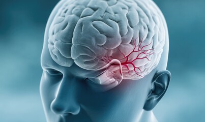 3D medical illustration of a human head with a highlighted brain area and blood vessels