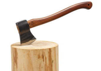 Isolated axe stuck in wooden stump for chopping wood outside, lumberjack gear, tools