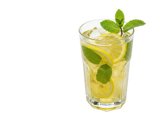 Isolated Refreshing summer drink with lemon slices, ice cubes, and mint sprigs in a tall glass