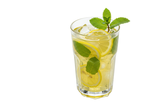 Isolated Refreshing summer drink with lemon slices, ice cubes, and mint sprigs in a tall glass