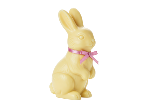 Isolated chocolate Easter bunny with pink ribbon, holiday sweet treat, seasonal food candy