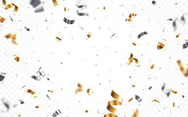 Bursting gold and silver confetti, falling ribbon backgrounds