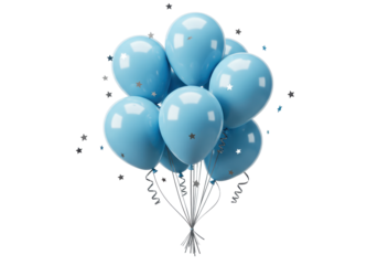 Isolated bunch of light-blue party balloons with silver stars for decoration, celebration