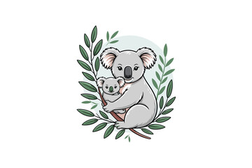 Koala Mother and Baby Cartoon Illustration with Eucalyptus Leaves, Cute Wildlife Scene, Vector Design for Children's Books and Educational Materials, Isolated on White
