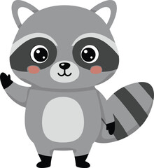 Cute cartoon raccoon waving, adorable baby animal with big eyes and chubby cheeks, forest character for kids vector illustration