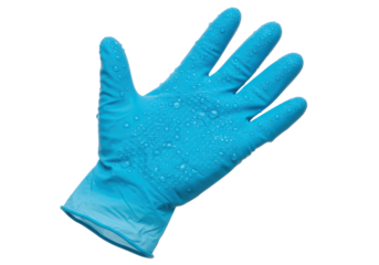 Isolated blue rubber glove protection against germs, water drops on surgical hand wear