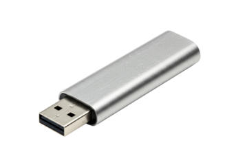 Isolated silver metal USB flash drive on the clean surface close-up shot for data storage
