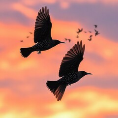 Two birds in flight against a vibrant sunset