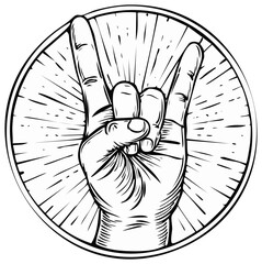 Obraz premium Hand gesture horns rock and roll symbol circular emblem with radiating lines