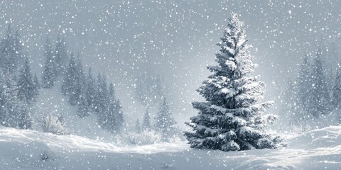 Snowy winter landscape with a majestic fir tree