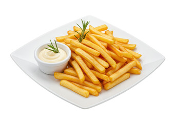 Isolated crispy French fries with dipping sauce, garnished with rosemary sprigs