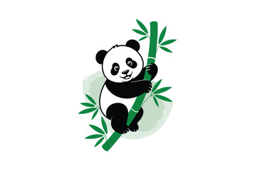 Naklejka premium Adorable Cartoon Panda Climbing Bamboo: Playful Illustration for Children's Content, Nature Designs, or Educational Resources Featuring a Cute Animal and Vibrant Greenery
