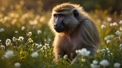 Fototapeta premium A serene baboon sitting amidst blooming flowers during golden hour in a natural setting