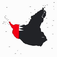 Map of United Arab Emirates with Flag Colors and City Labels Keywords: United Arab Emirates map, country outline, UAE map, Persian Gulf, Middle East, geography, cartography