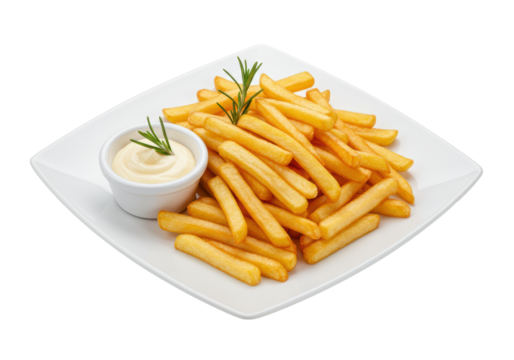 Isolated crispy French fries with dipping sauce, garnished with rosemary sprigs