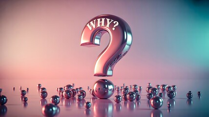 Metallic question mark with word why symbolizing curiosity doubt and decision making
