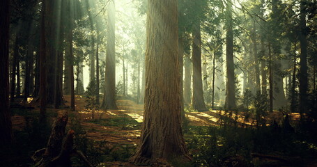 Fototapeta premium Rays of sunlight stream through towering trees in a peaceful forest. The dappled light creates a magical atmosphere among the lush greenery and earthy tones of the forest floor.