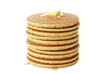 Isolated stack of pancakes with butter and syrup topping, tasty breakfast treat meal