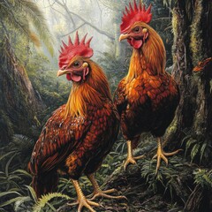 Two roosters in a lush, misty forest.  Detailed painting of vibrant, speckled birds with red combs.  Sunlight filters through trees