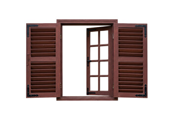 Isolated open wooden window with shutters showing detail and textured pattern, no sky view
