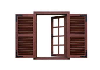 Isolated open wooden window with shutters showing detail and textured pattern, no sky view